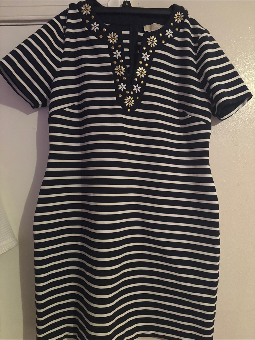 Michael kors Navy & White Striped Embellished V-Neck Women’s Dress